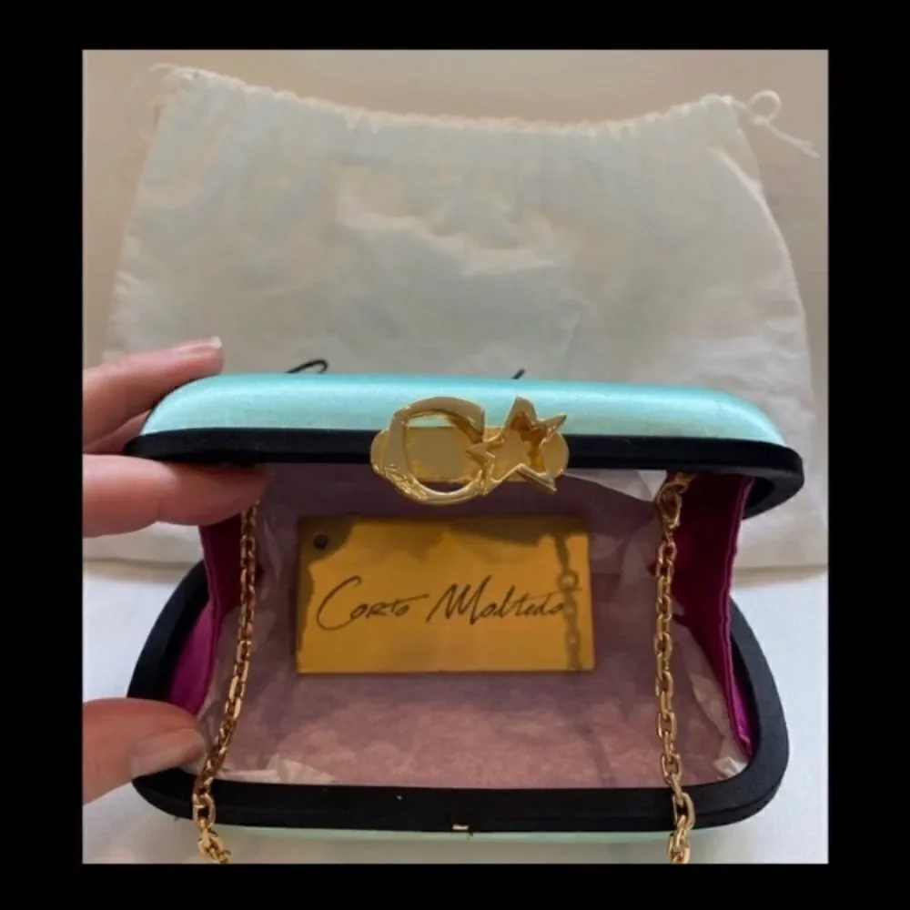 CARTO MOLTEDO Susan Blue Satin Chain Clutch Bag NWT